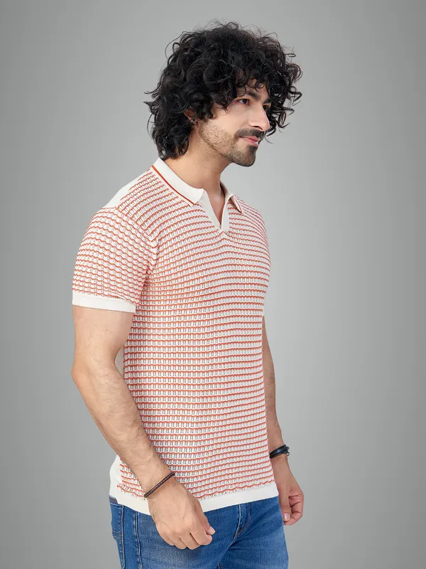 Offwhite_&_Rust_Cotton_Checks_Premium_Flat_Knit_Polo_T-Shirt_For_Men
