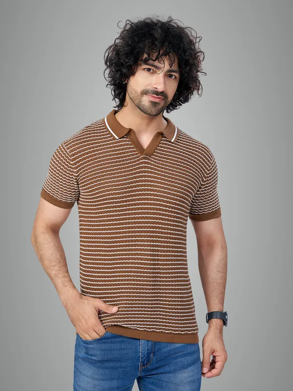 Brown_&_White_Cotton_Checks_Premium_Flat_Knit_Polo_T-Shirt_For_Men