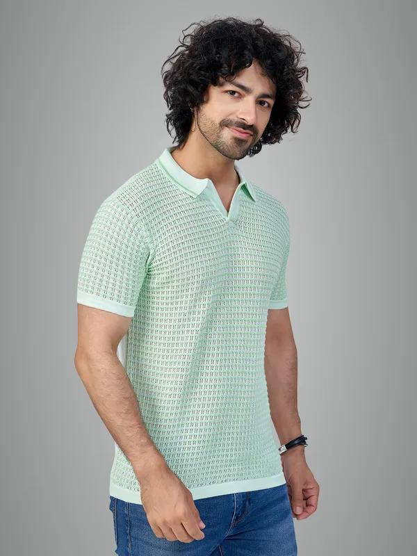 Sea_Blue_&_Light_Pista_Cotton_Checks_Premium_Flat_Knit_Polo_T-Shirt_For_Men