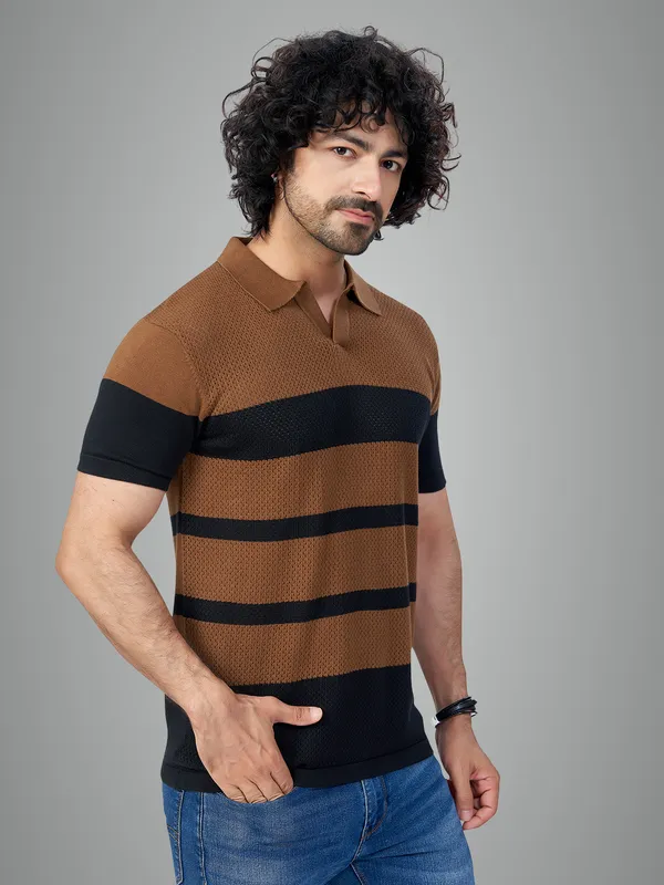 Black_&_Brown_Cotton_Striped_Premium_Flat_Knit_Polo_T-Shirt_For_Men