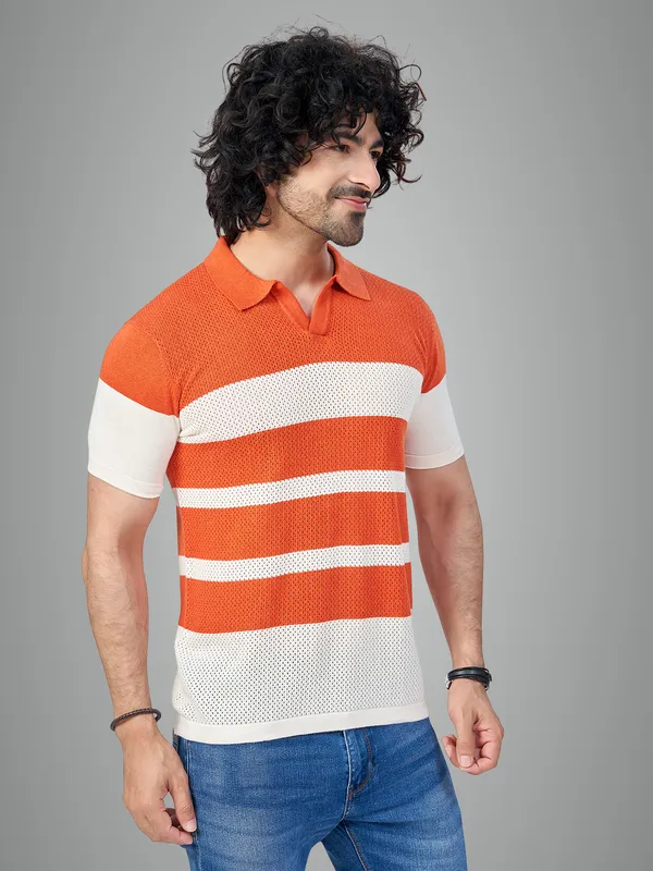 White_&_Rust_Cotton_Striped_Premium_Flat_Knit_Polo_T-Shirt_For_Men