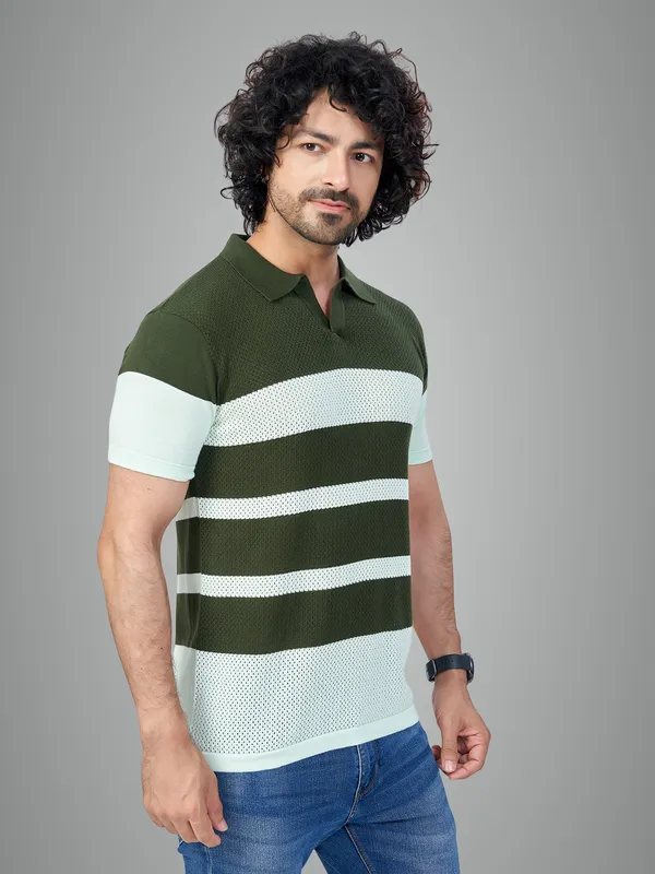 Sea_Blue_&_Olive_Cotton_Striped_Premium_Flat_Knit_Polo_T-Shirt_For_Men
