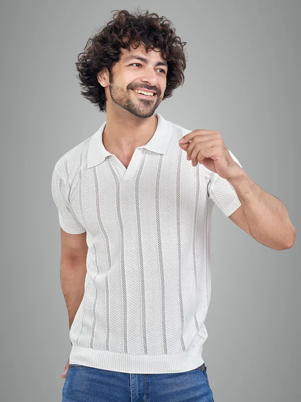 White_Cotton_Striped_Premium_Flat_Knit_Polo_T-Shirt_For_Men