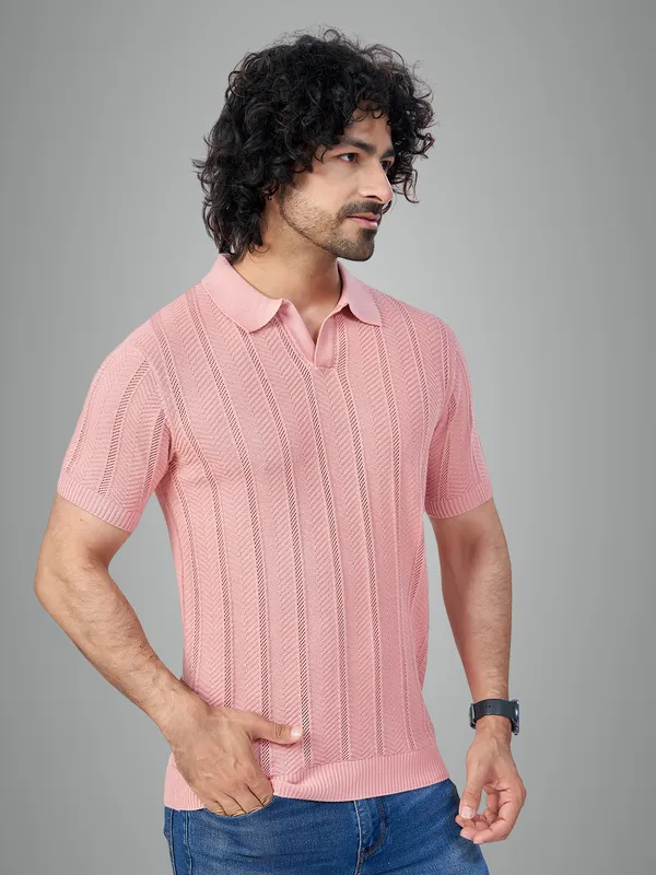 Pink_Cotton_Striped_Premium_Flat_Knit_Polo_Half_Sleeve_T-Shirt_For_Men