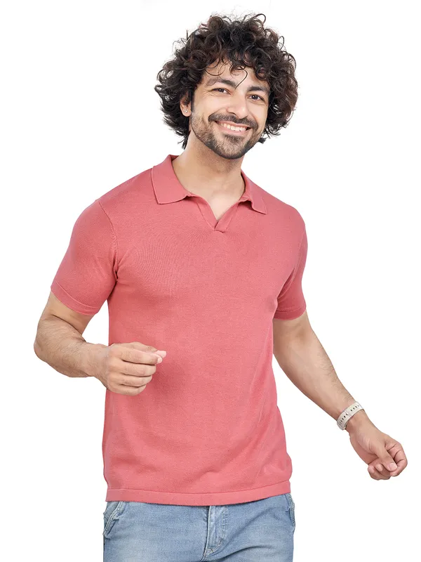 Pink_Cotton_Print_Solid_Premium_Flat_Knit_Polo_T-Shirt_For_Men