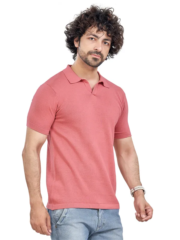 Pink_Cotton_Print_Solid_Premium_Flat_Knit_Polo_T-Shirt_For_Men