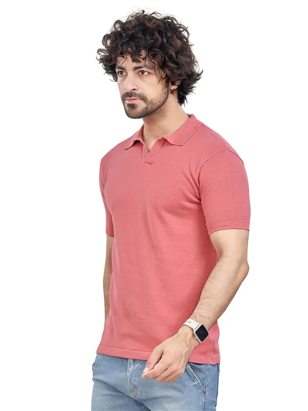 Pink_Cotton_Print_Solid_Premium_Flat_Knit_Polo_T-Shirt_For_Men