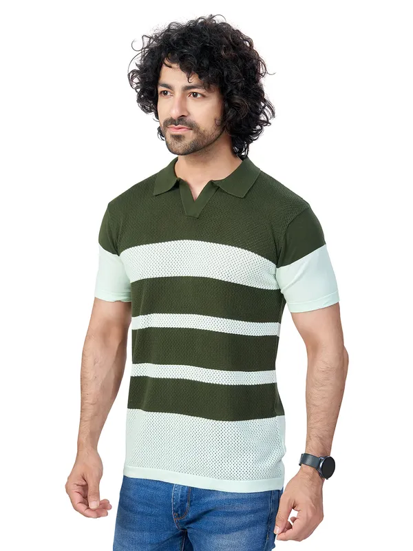 Sea_Blue_&_Olive_Cotton_Striped_Premium_Flat_Knit_Polo_T-Shirt_For_Men