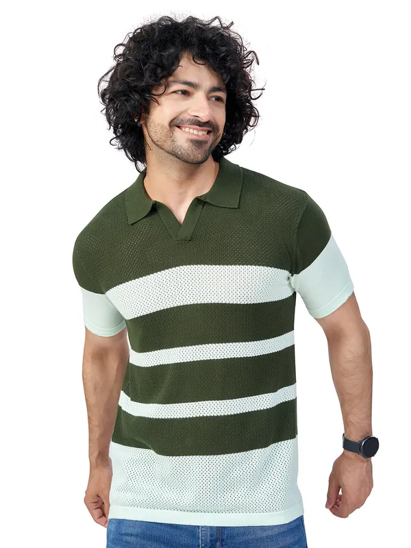 Sea_Blue_&_Olive_Cotton_Striped_Premium_Flat_Knit_Polo_T-Shirt_For_Men
