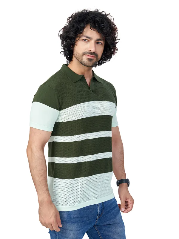 Sea_Blue_&_Olive_Cotton_Striped_Premium_Flat_Knit_Polo_T-Shirt_For_Men