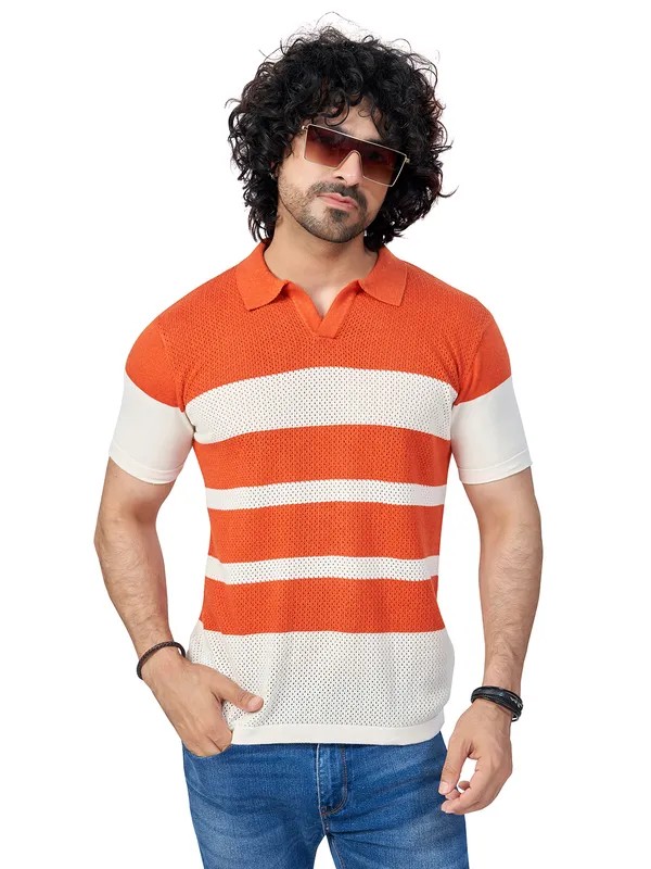 White_&_Rust_Cotton_Striped_Premium_Flat_Knit_Polo_T-Shirt_For_Men