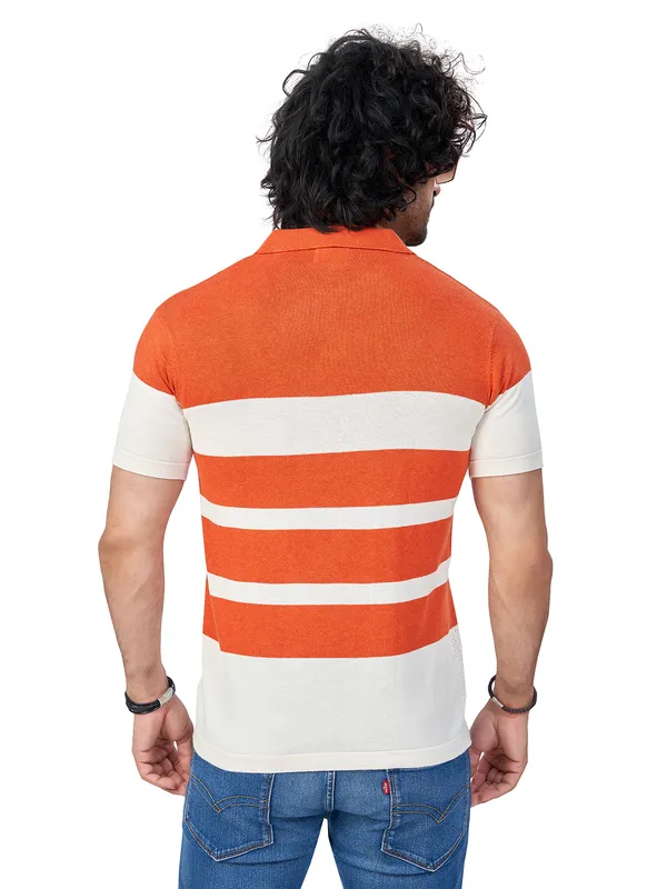 White_&_Rust_Cotton_Striped_Premium_Flat_Knit_Polo_T-Shirt_For_Men