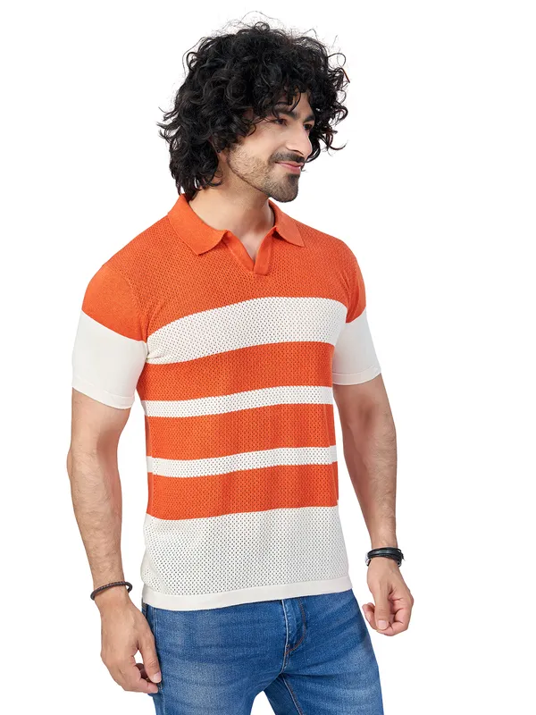 White_&_Rust_Cotton_Striped_Premium_Flat_Knit_Polo_T-Shirt_For_Men