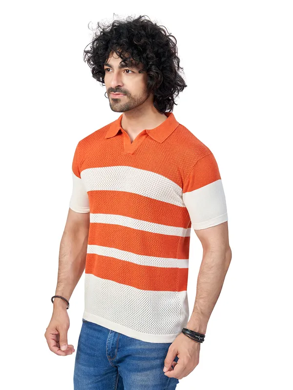 White_&_Rust_Cotton_Striped_Premium_Flat_Knit_Polo_T-Shirt_For_Men