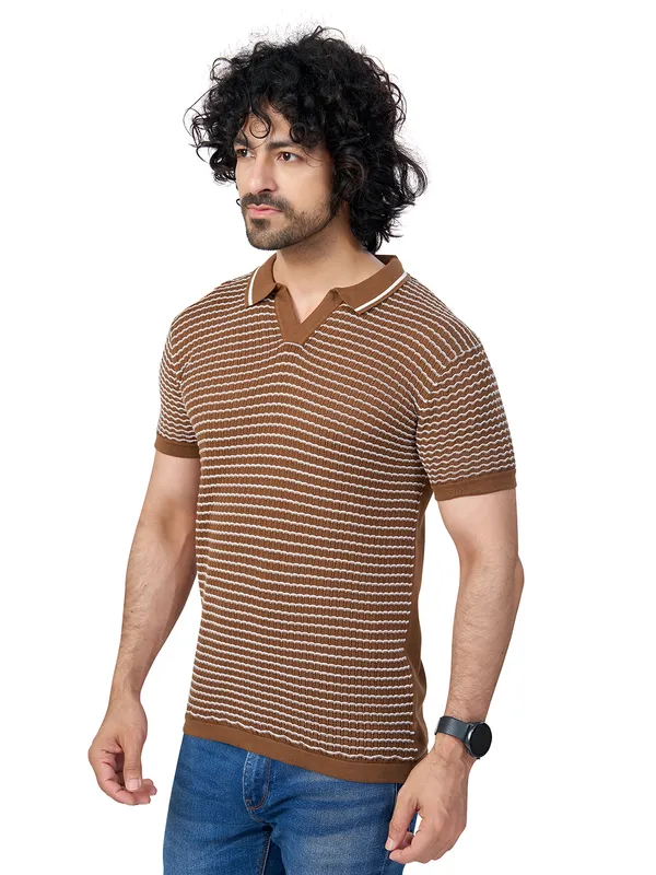 Brown_&_White_Cotton_Checks_Premium_Flat_Knit_Polo_T-Shirt_For_Men