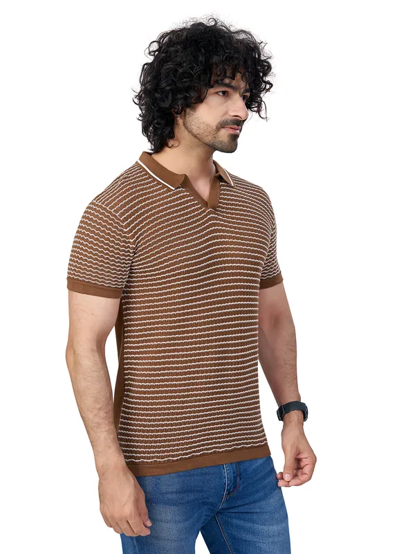 Brown_&_White_Cotton_Checks_Premium_Flat_Knit_Polo_T-Shirt_For_Men