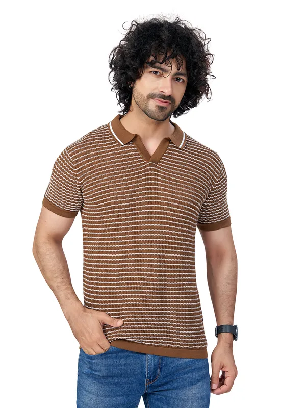 Brown_&_White_Cotton_Checks_Premium_Flat_Knit_Polo_T-Shirt_For_Men