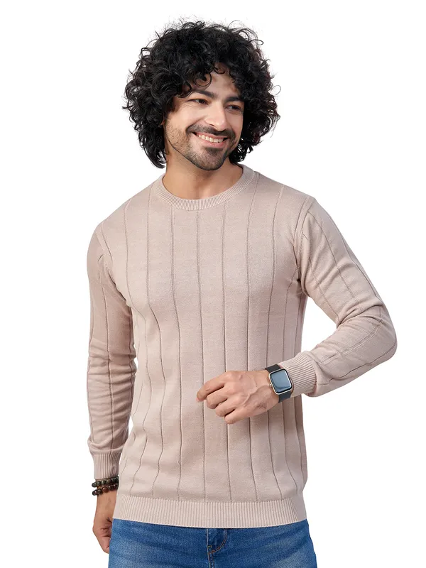 Pink_Cotton_Striped_Premium_Flat_Knit_Round_Neck_T-Shirt_Full_Sleeves_For_Men