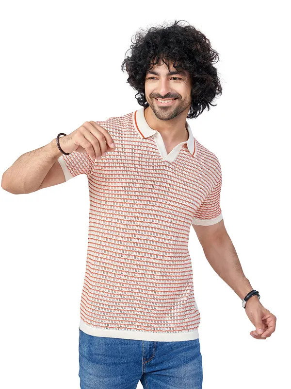 Offwhite_&_Rust_Cotton_Checks_Premium_Flat_Knit_Polo_T-Shirt_For_Men