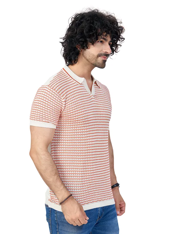 Offwhite_&_Rust_Cotton_Checks_Premium_Flat_Knit_Polo_T-Shirt_For_Men