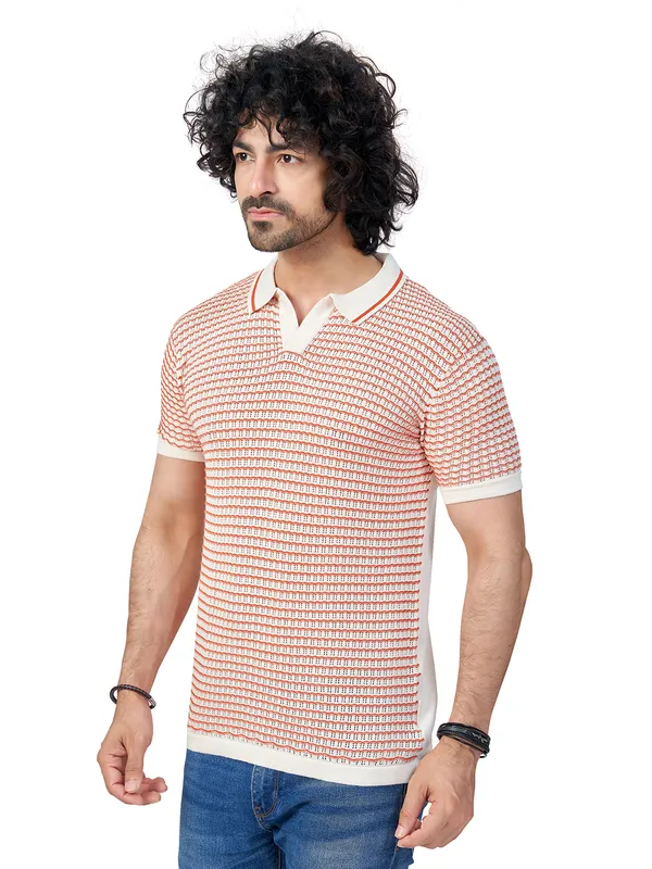Offwhite_&_Rust_Cotton_Checks_Premium_Flat_Knit_Polo_T-Shirt_For_Men