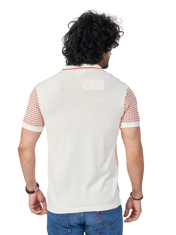 Offwhite_&_Rust_Cotton_Checks_Premium_Flat_Knit_Polo_T-Shirt_For_Men