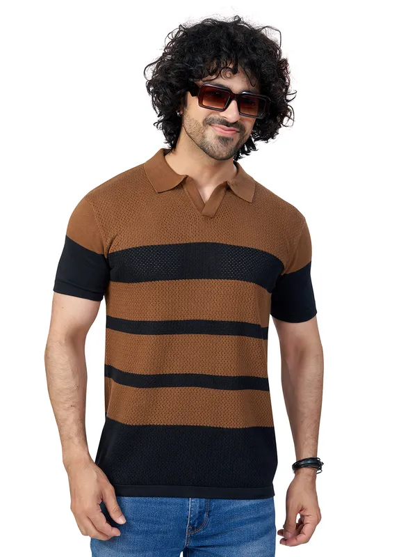 Black_&_Brown_Cotton_Striped_Premium_Flat_Knit_Polo_T-Shirt_For_Men