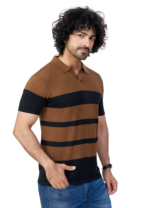 Black_&_Brown_Cotton_Striped_Premium_Flat_Knit_Polo_T-Shirt_For_Men