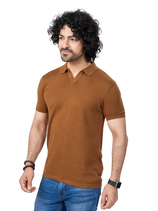 Brown_Cotton_Print_Solid_Premium_Flat_Knit_Polo_T-Shirt_For_Men