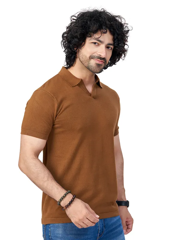Brown_Cotton_Print_Solid_Premium_Flat_Knit_Polo_T-Shirt_For_Men