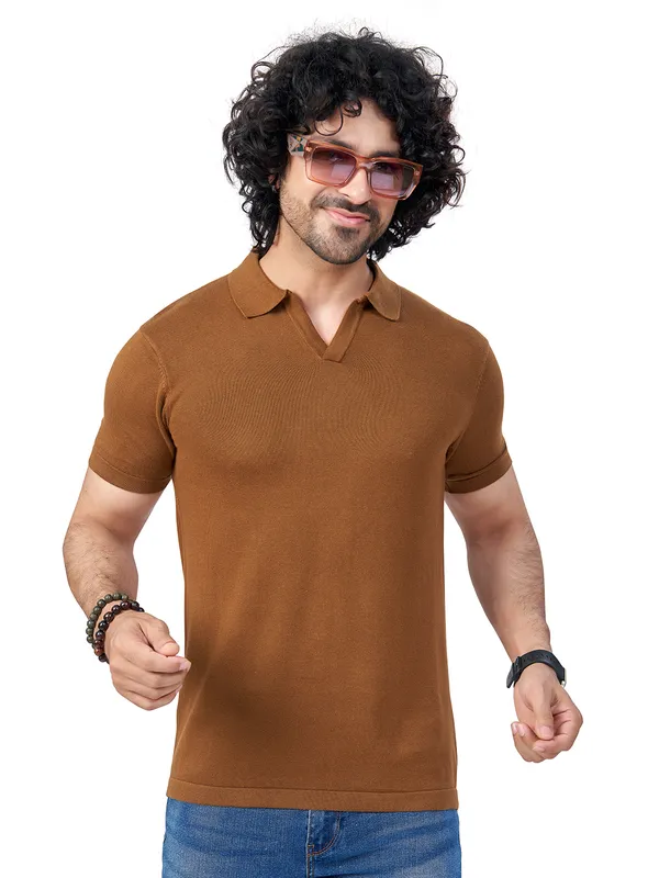Brown_Cotton_Print_Solid_Premium_Flat_Knit_Polo_T-Shirt_For_Men
