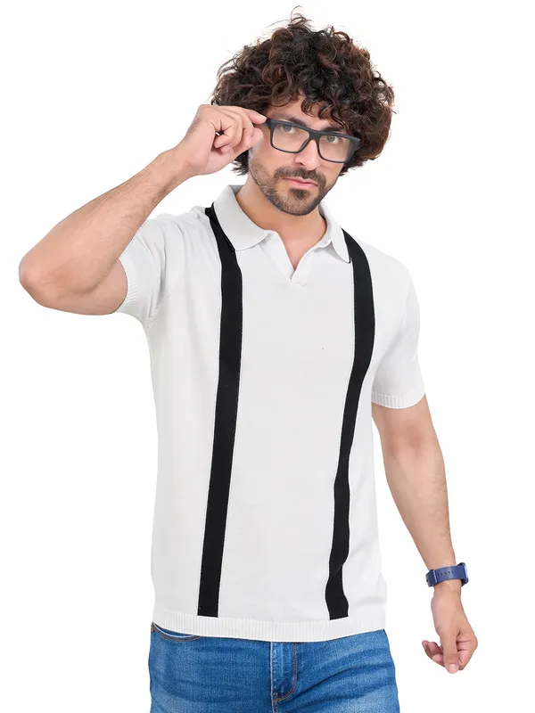 White_&_Black_Cotton_Premium_Flat_Knit_Mid_Stripe_Polo_T-Shirt_For_Men