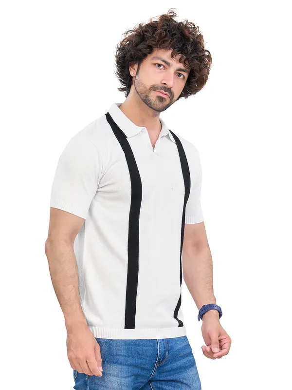 White_&_Black_Cotton_Premium_Flat_Knit_Mid_Stripe_Polo_T-Shirt_For_Men