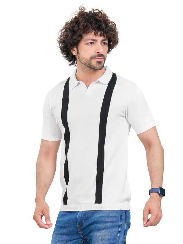 White_&_Black_Cotton_Premium_Flat_Knit_Mid_Stripe_Polo_T-Shirt_For_Men