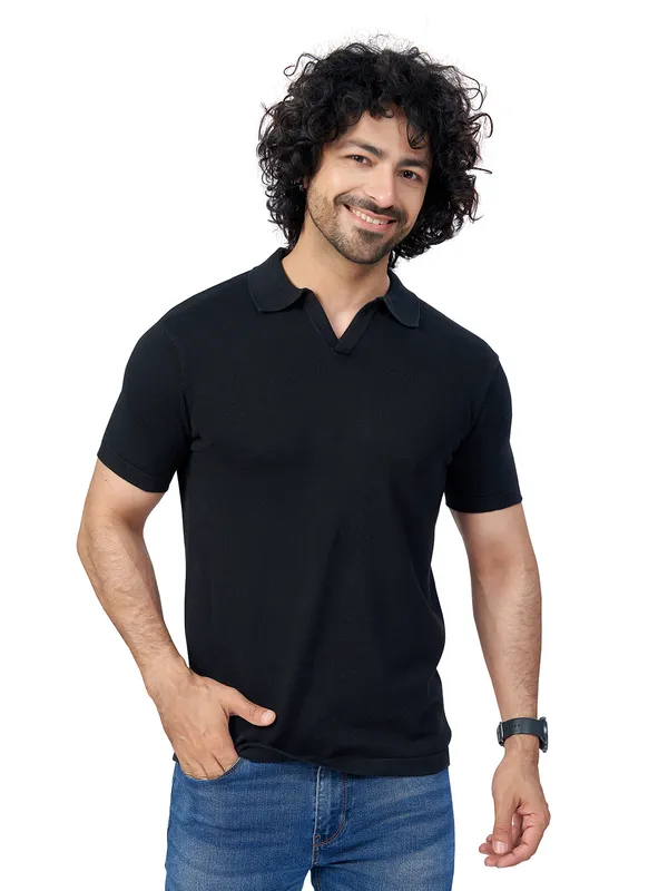 Black_Cotton_Print_Solid_Premium_Flat_Knit_Polo_T-Shirt_For_Men