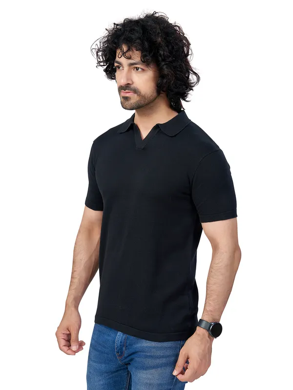 Black_Cotton_Print_Solid_Premium_Flat_Knit_Polo_T-Shirt_For_Men