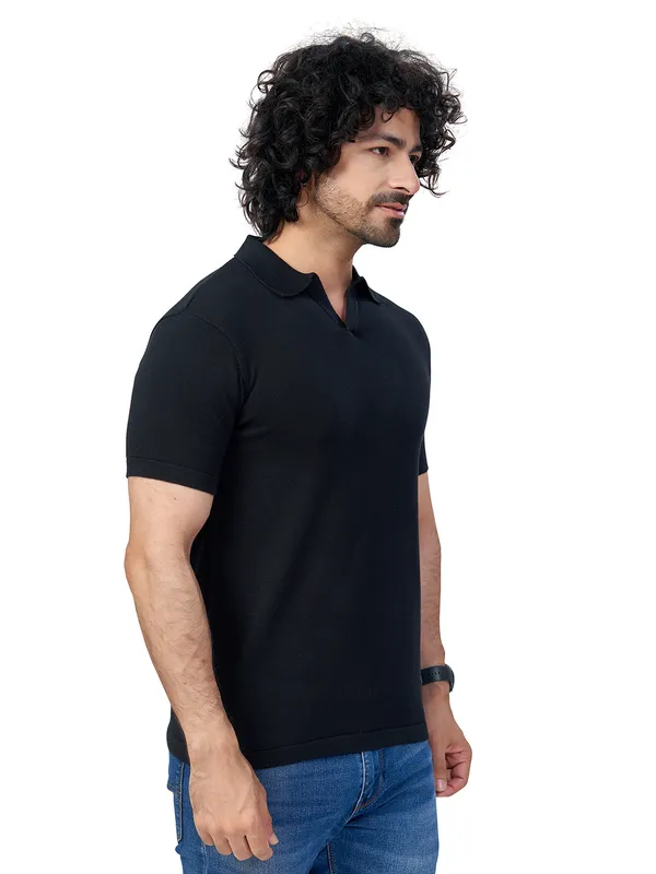 Black_Cotton_Print_Solid_Premium_Flat_Knit_Polo_T-Shirt_For_Men