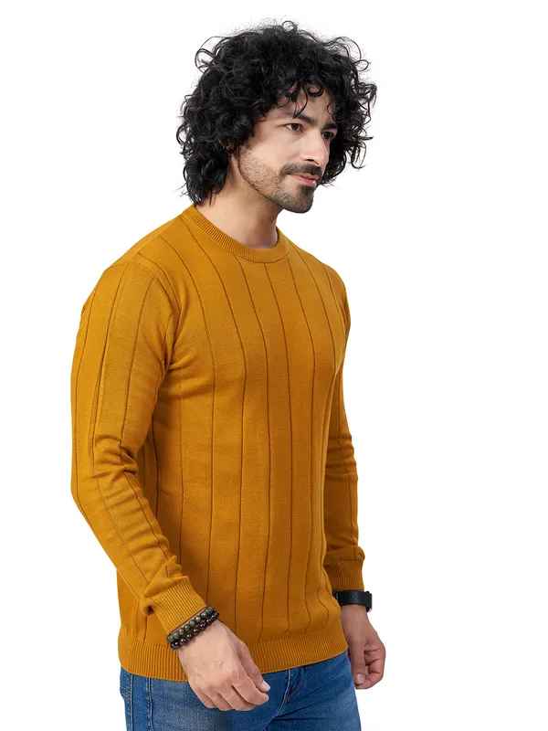Mustard_Cotton_Striped_Premium_Flat_Knit_Round_Neck_T-Shirt_Full_Sleeves_For_Men