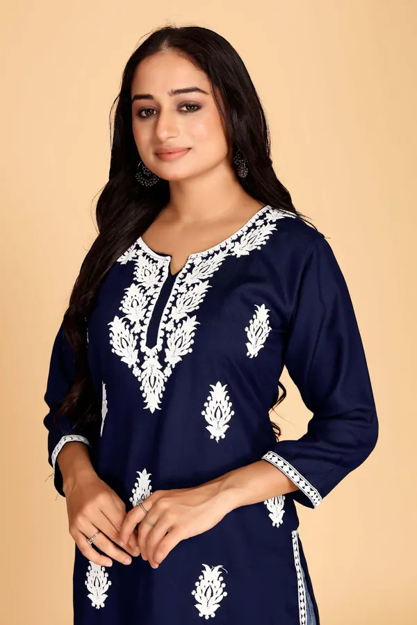 Blue_Viscose_Rayon_Chikan_Embroidery_Casual_Kurta_For_Women