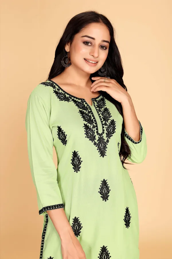 Black_and_Light_Green_Viscose_Rayon_Chikan_Embroidery_Casual_Kurta_For_Women