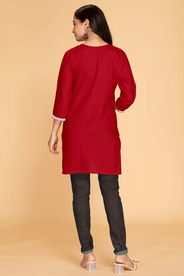 Red_Viscose_Rayon_Chikan_Embroidery_Casual_Kurta_For_Women