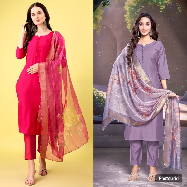 Purple_and_Pink_Solid_Kurta,_Trouser/Pant_&_Dupatta_Set_For_Women