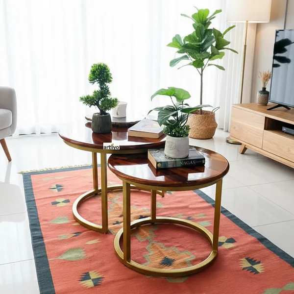 Sheesham_Solid_Wood_Coffee_Table_-_Set_of_2_(22/17_inch_dia)_for_Living|Drawing|Bedroom|Office|Balcony|Gift|Diwali|Wedding