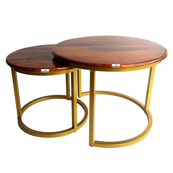 Sheesham_Solid_Wood_Coffee_Table_-_Set_of_2_(22/17_inch_dia)_for_Living|Drawing|Bedroom|Office|Balcony|Gift|Diwali|Wedding