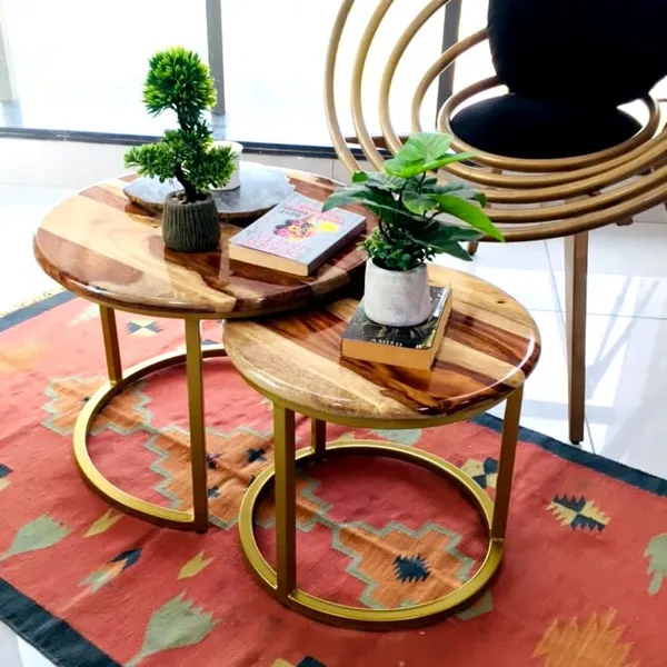 Sheesham_Solid_Wood_Coffee_Table_-_Set_of_2_(22/17_inch_dia)_for_Living|Drawing|Bedroom|Office|Balcony|Gift|Diwali|Wedding