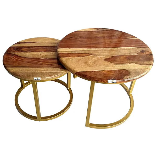 Sheesham_Solid_Wood_Coffee_Table_-_Set_of_2_(22/17_inch_dia)_for_Living|Drawing|Bedroom|Office|Balcony|Gift|Diwali|Wedding
