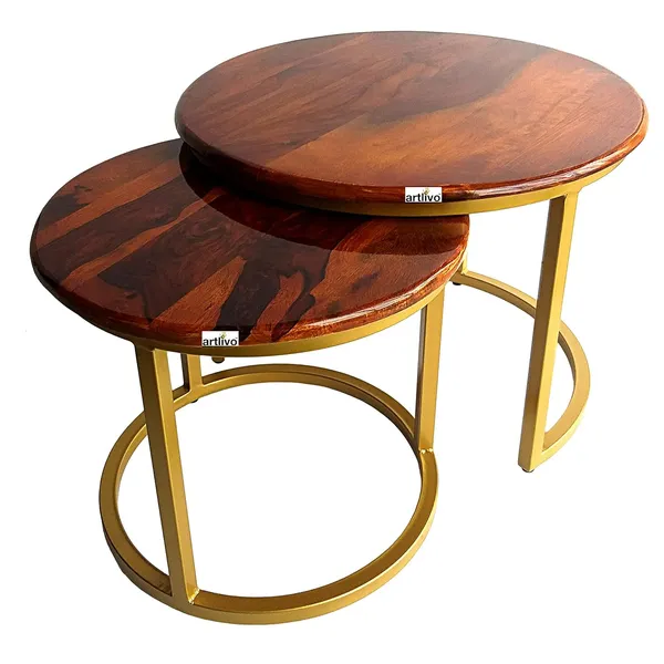 Sheesham_Solid_Wood_Coffee_Table_-_Set_of_2_(22/17_inch_dia)_for_Living|Drawing|Bedroom|Office|Balcony|Gift|Diwali|Wedding