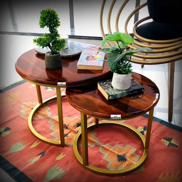 Sheesham_Solid_Wood_Coffee_Table_-_Set_of_2_(22/17_inch_dia)_for_Living|Drawing|Bedroom|Office|Balcony|Gift|Diwali|Wedding