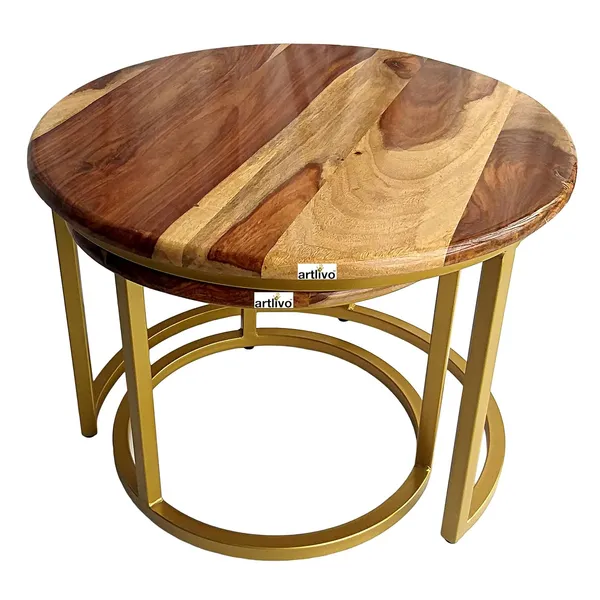 Sheesham_Solid_Wood_Coffee_Table_-_Set_of_2_(22/17_inch_dia)_for_Living|Drawing|Bedroom|Office|Balcony|Gift|Diwali|Wedding