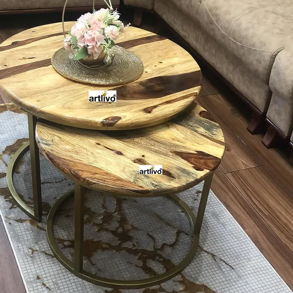Sheesham_Solid_Wood_Coffee_Table_-_Set_of_2_(27/22_inch_dia)_for_Living|Drawing|Bedroom|Office|Balcony|Gift|Diwali|Wedding